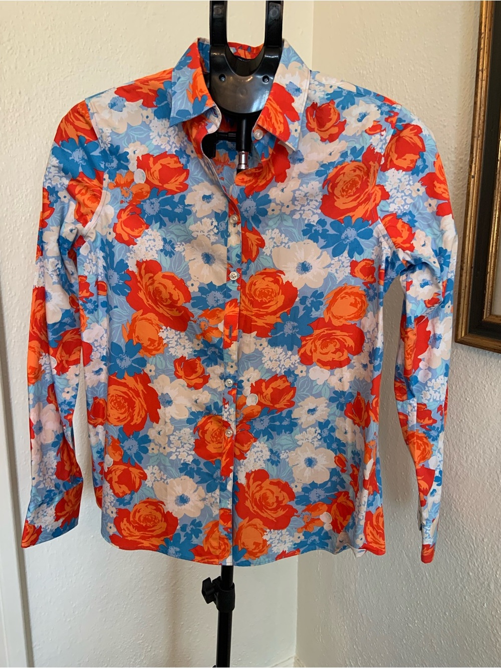 Lands' End Blouse Women Orange & Blue Floral Button Down Shirt